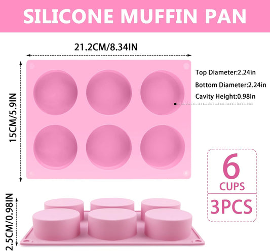 3-Pack Jumbo 6-Cup Silicone Muffin Pan - Non-Stick Baking Mold for Cupcakes, Muffin Cupcake Pans Molds for Baking, Cornbread, Eggs - Pink