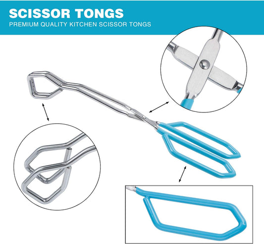 MSY BIGSUNNY Stainless Steel Scissor Tongs Heavy Duty Cooking Tongs with Soft Handles (2, blue 11" + 11")