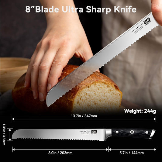 SHAN ZU 8" Bread Knife - Sourdough Slicing Knife Professional German 1.4116 Stainless Steel Serrated Blade, Ergonomic Wood Handle & Full Tang Design, Gift Box Included(Single-Edge)