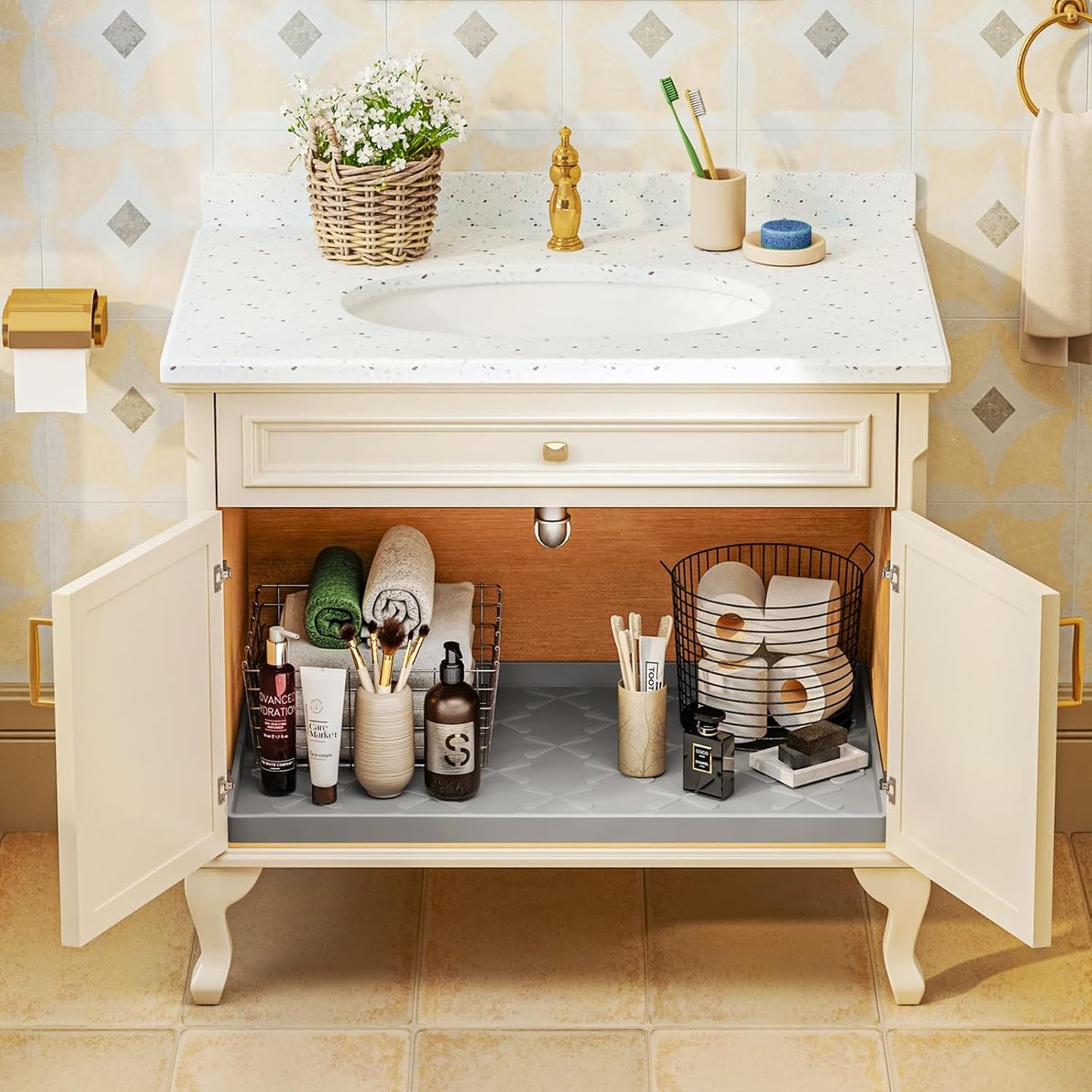 SIKADEER 28" x 22" Under Sink Mat Waterproof, Silicone Mat Kitchen Drawer Shelf and Cabinet Liner, Sink Protector for Kitchen Organizers and Storage, Boot Tray Pet Food Mats