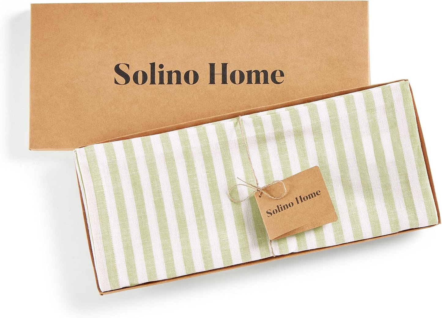 Solino Home Linen Table Runner 108 Inches Long - Amalfi Stripe, 100% Pure Linen Sage and White Farmhouse Table Runner 14 x 108 Inch for Dining, Fall, Autumn, Thanksgiving, Christmas