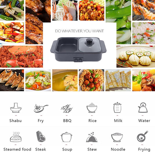 Hot Pot with Grill, Electric Hot Pot and Frying Pan, Shabu Shabu Pot with Grill, 2 in 1 Indoor NonStick Shabu Shabu Pot and Griddle, Dual Temperature Control, Fast Heating for BBQ Steak Noodles(Black)