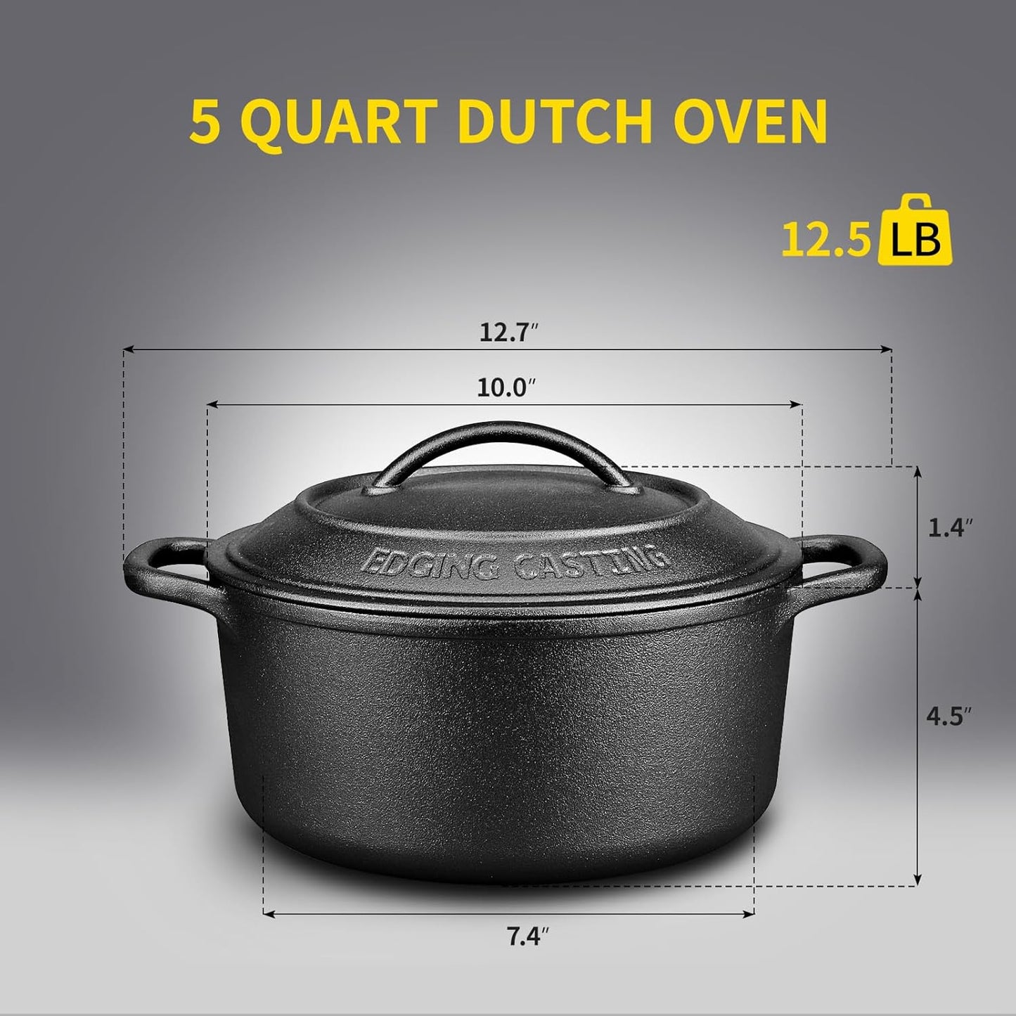 Pre-Seasoned Cast Iron Dutch Oven Pot with Lid Dual Handle, Sourdough Bread Baking Pots, Round 5 Quart, Black