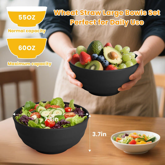 Homienly 60 OZ Salad Bowls,Large Soup Bowls Set of 8,Wheat Straw Bowl Sets,Unbreakable Large Serving Bowls,Big Cereal Bowl for Kitchen, Salad, Soup, Microwave and Dishwasher Safe Bowl - Black
