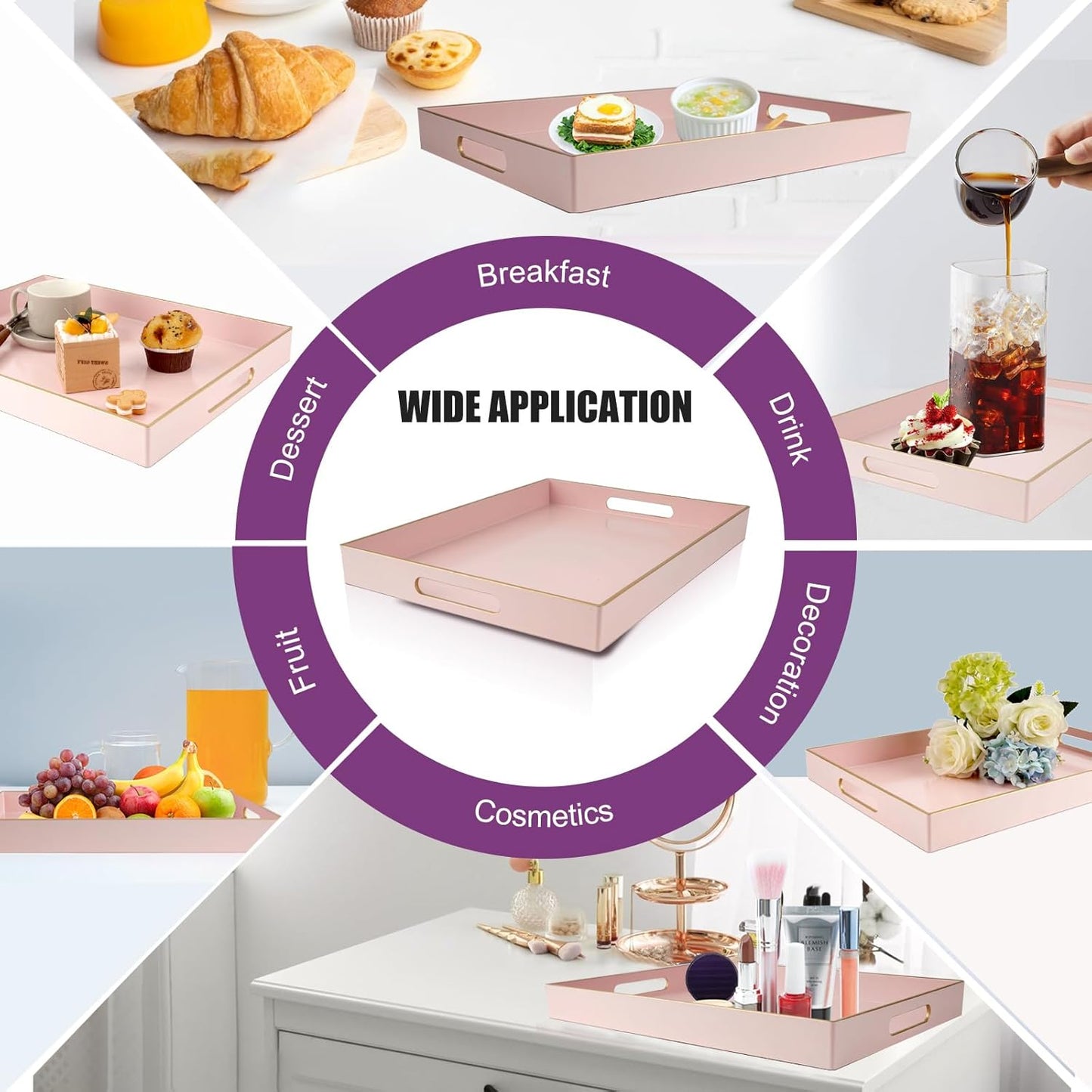 Gifturbo Pink Large Serving Tray with Handles,Rectangular Plastic Elegant Decorative Coffee Table Tray for Ottoman, Living Room, Bathroom, Home Decor, Vanity Trays with Gold Trimming, 15.7” x 11.8”