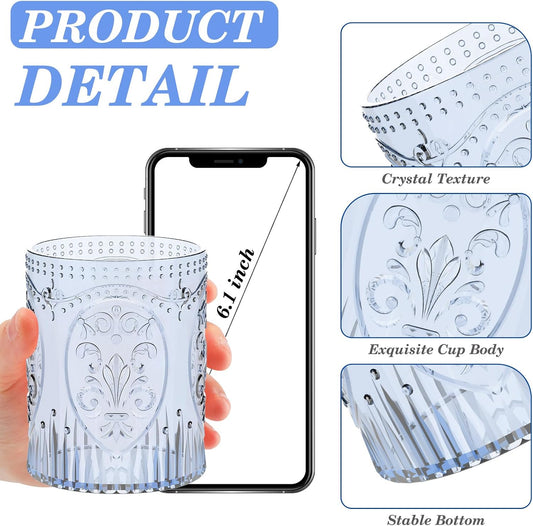 6 Plastic Vintage Drinking Glasses 8.5oz Stemless Retro Embossed Wine Glasses Shatterproof Reusable Cups for Baby Shower Wedding Reception Grand Event Party (Blue)