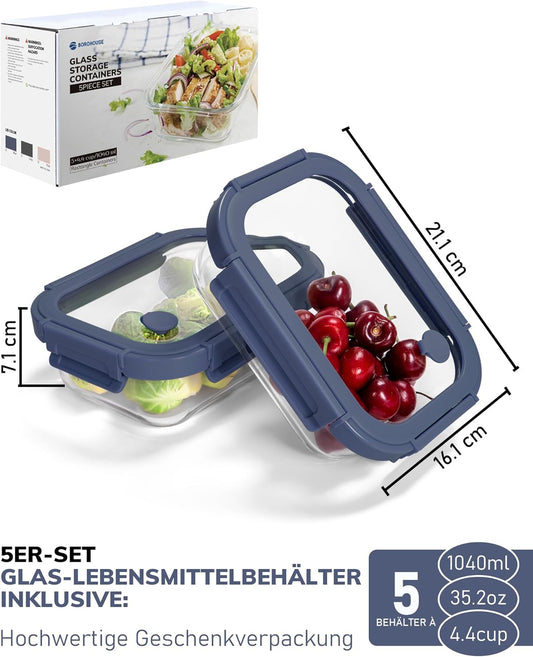 5-Pack Borosilicate Glass Containers with Tempered Lids, 35.2oz/4.4 Cup Airtight Meal Prep Set, Microwave/Freezer Safe (Blue)