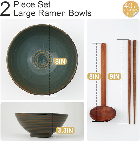 8 Inch Ceramic Ramen Bowl Set of 2, 40oz Japanese Bowls with Spoons & Chopsticks,Durable,Microwave & Dishwasher Safe,Perfect for Ramen,Pho,Salad,Soup,Noodles,Mixing bowls(Dark Teal)