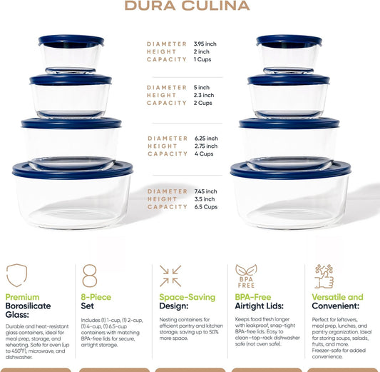 DURA LIVING 16-Piece Glass Food Storage Containers Set (8 Containers + 8 Lids) | Round, Nesting, Microwave & Dishwasher Safe | BPA-Free, Space-Saving | Blue Lids for Pantry & Kitchen Organization