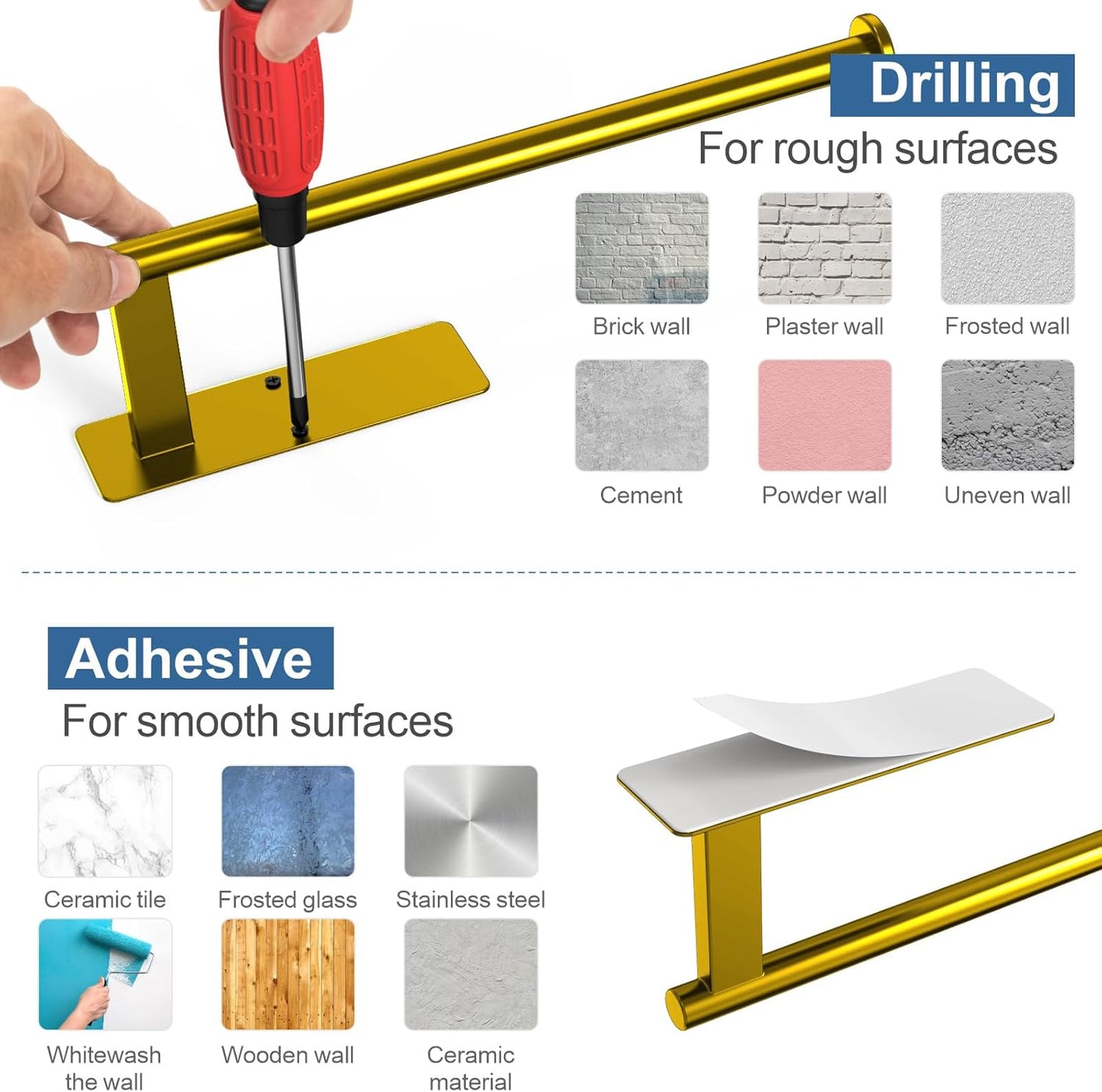 Paper Towel Holder Under Cabinet, Upgraded Adhesive Paper Towel Holder Wall Mount for Kitchen, Bathroom, RV, Bend-Resistant, Self-Adhesive or Drill mounting, Stainless Steel, Gold