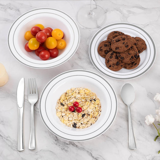 Goodluck 25 Pack Plastic Bowls with Silver Rim, 12oz Disposable Soup Bowls for Weddings, Parties, Dinners, Catering, and Everyday Use