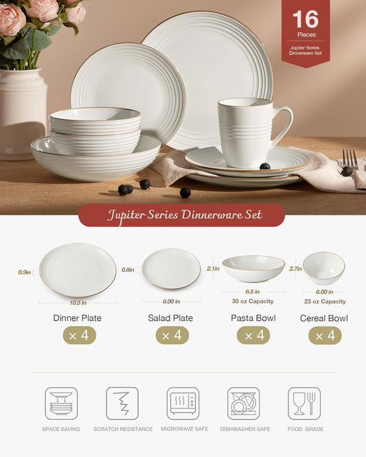 Famiware Jupiter Dinnerware Set with Pasta Bowl, Plates and Double Bowls Dish Sets for 4 (16 Pieces), Microwave and Dishwasher Safe, Chip and Scratch Resistant, White