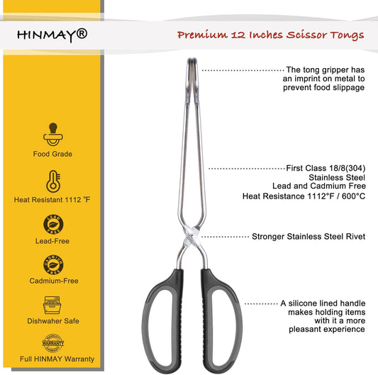 Scissor Tongs with Comfort-Grip Handle 12-Inch Cooking Tongs (Black Handle)