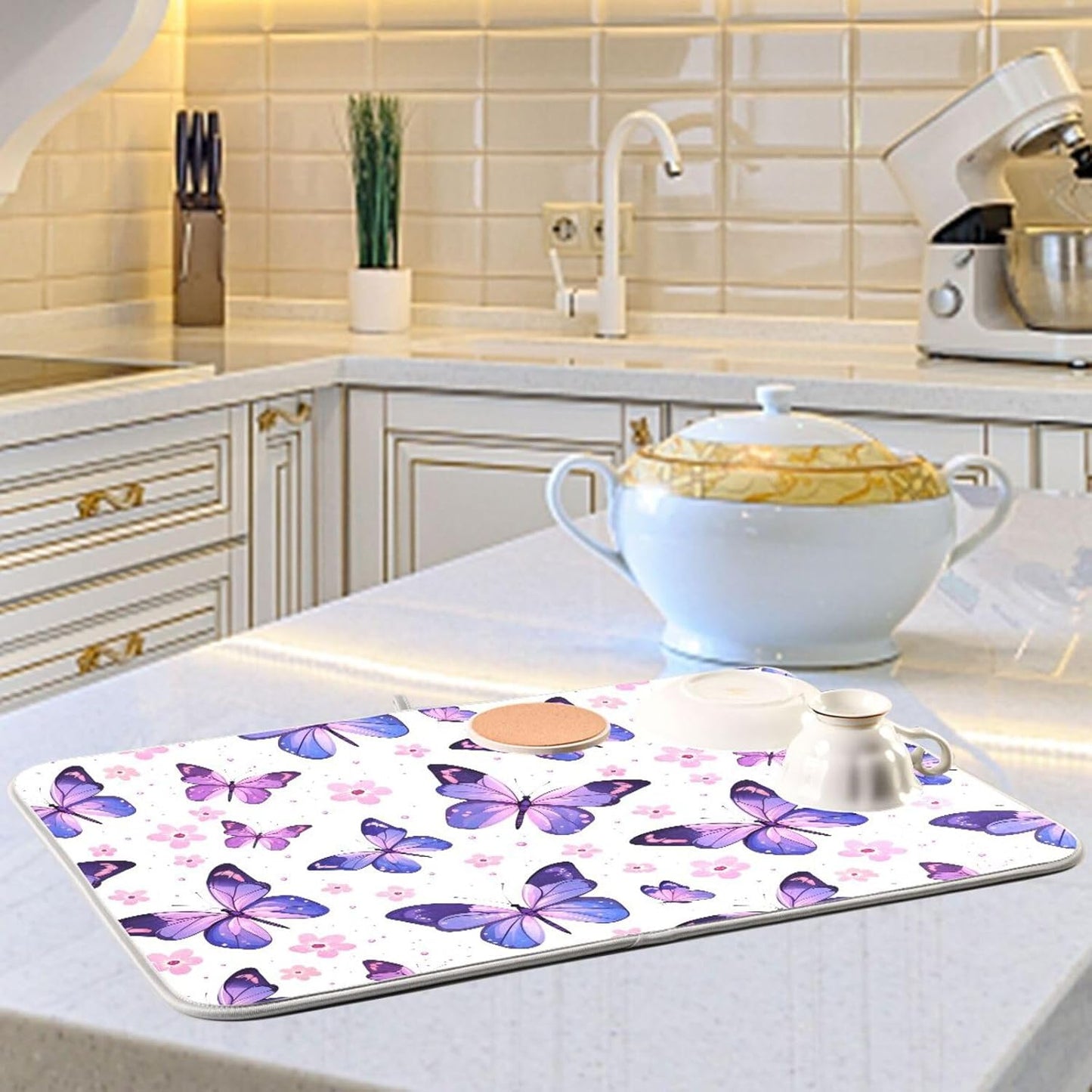 Pink Purple Butterfly Flower Dish Drying Mat for Kitchen Counter Absorbent Dish Drainer Mats Drying Pads 18"x24"