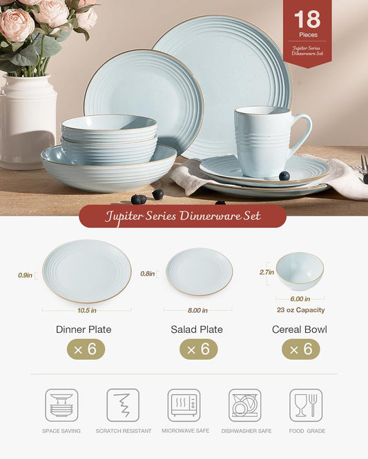 Famiware Jupiter Dinnerware Set, Plates and Bowls Dish Sets for 6 (18 Pieces), Microwave and Dishwasher Safe Stoneware Speckled Tableware, Chip and Scratch Resistant, Light Blue