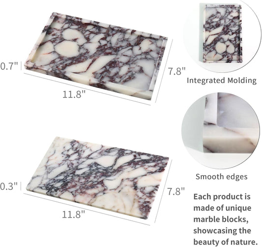 Real Luxurious Natural Marble Vanity Tray Genuine Marble Storage Tray for Home Decor Stone Tray for Bathroom/Kitchen/Vanity/Dresser Non-Resin/Non-Ceramic/Viola Tablet Set