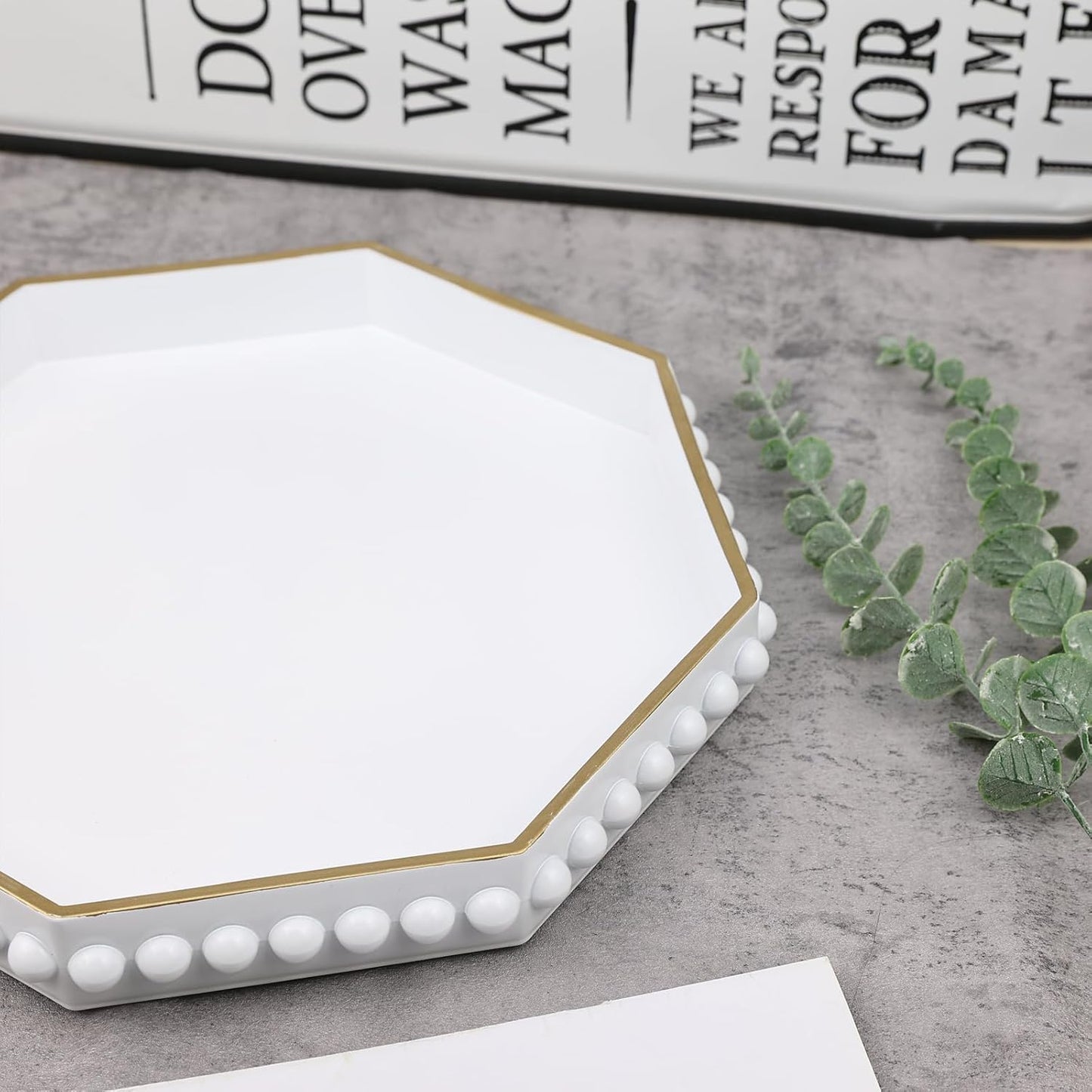 White Serving Tray for Coffee Table, Octagonal Beaded Plastic Decorative Tray for Ottoman, Kitchen Counter, Living Room, Outdoor Lacquer Tray for Entertaining
