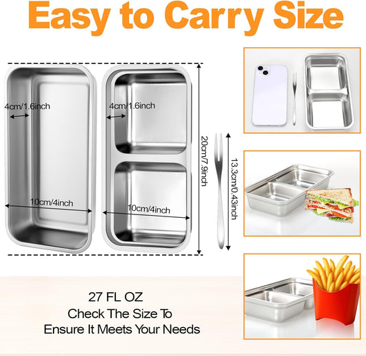 Stainless Steel Snack Containers with Lids, 2 Pack Reusable Lunch Box (2 Single + 2 Double Compartment) with Forks, Food Storage Bento Box for Work, Travel, Grab and Go, Leak Proof, Dishwasher-Safe