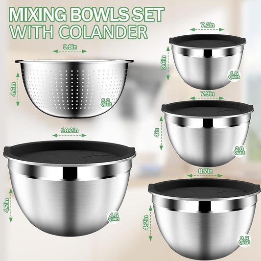 Mixing Bowls with Lids Set, Stainless Steel Mixing Bowls with Colander, Strainer with Mixing Bowl Set, Kitchen Gadgets Bowl Christams Gift, Size 4, 2.5, 2, 1.5QT - Black