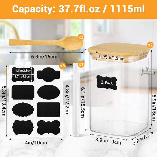 Glass Jars with Bamboo Lids and Spoons - 2 Pack 37 Fl.oz Square Glass Flour Sugar Containers Set, Includes Labels and Marker, Large Kitchen Canisters with Airtight Lid for Cereal, Rice, Bean