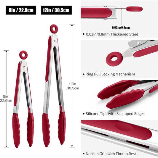 Doosu Kitchen Tongs for Cooking - 600°F Heat Resistant Food Tong Set with Non-Scratch Silicone Tips, Heavy Duty Stainless Steel Locking Tong for BBQ, Grilling Steak, Serving Salad (9+12in, Red)