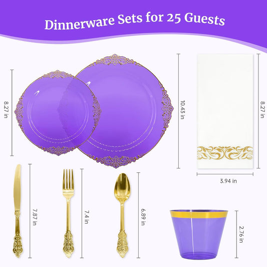 AIRE 175PCS Purple Gold Plastic Plates for Party Dinnerware Sets for 25 Guests, Vintage Disposable Plastic Party Plates Cups Spoons Forks Knives Napkins for Wedding Birthday Christmas BBQ Parties