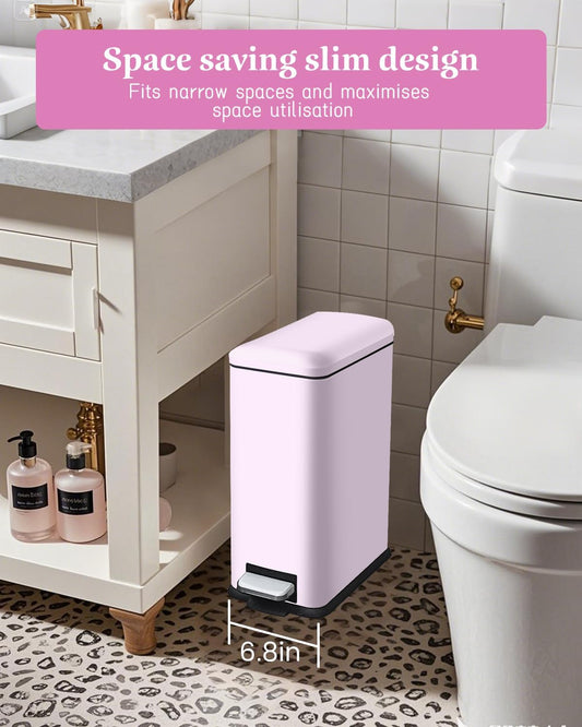 Bathroom Trash Can, 10L/2.6 Gallon Stainless Steel Slim Garbage Can, Pedal Trash Bin with Removable Liner Bucket, Soft Close Lid, Rectangle Trash Bin for Office, Kitchen, Bedroom, Pink