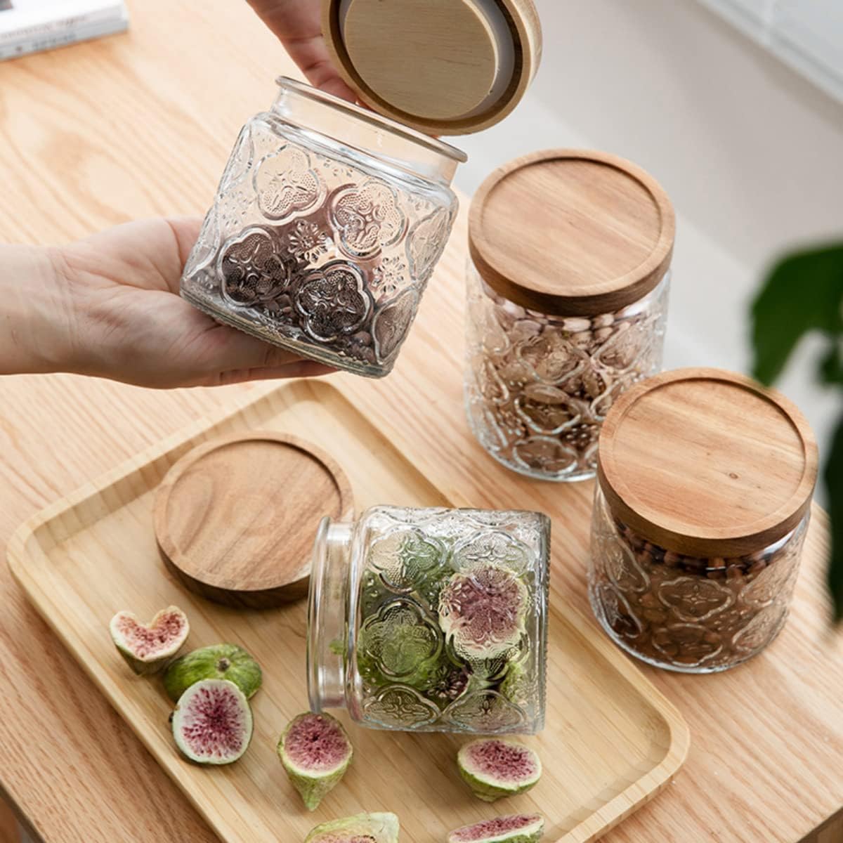ANSQU 4 Pack Vintage Glass Storage Jar, 16.9 FL OZ Glass Canister Storage Jar Container with Airtight Wooden Lid for Kitchen Counter, Pantry, Coffee, Tea, Sugar, Cookie Jars (Begonia&Sunflower)