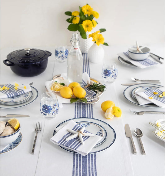 Solino Home Linen Table Runner 120 Inches Long - 100% Pure Linen Navy and White Farmhouse Table Runner 14 x 120 Inch for Dining, Fall, Autumn, Thanksgiving, Holiday