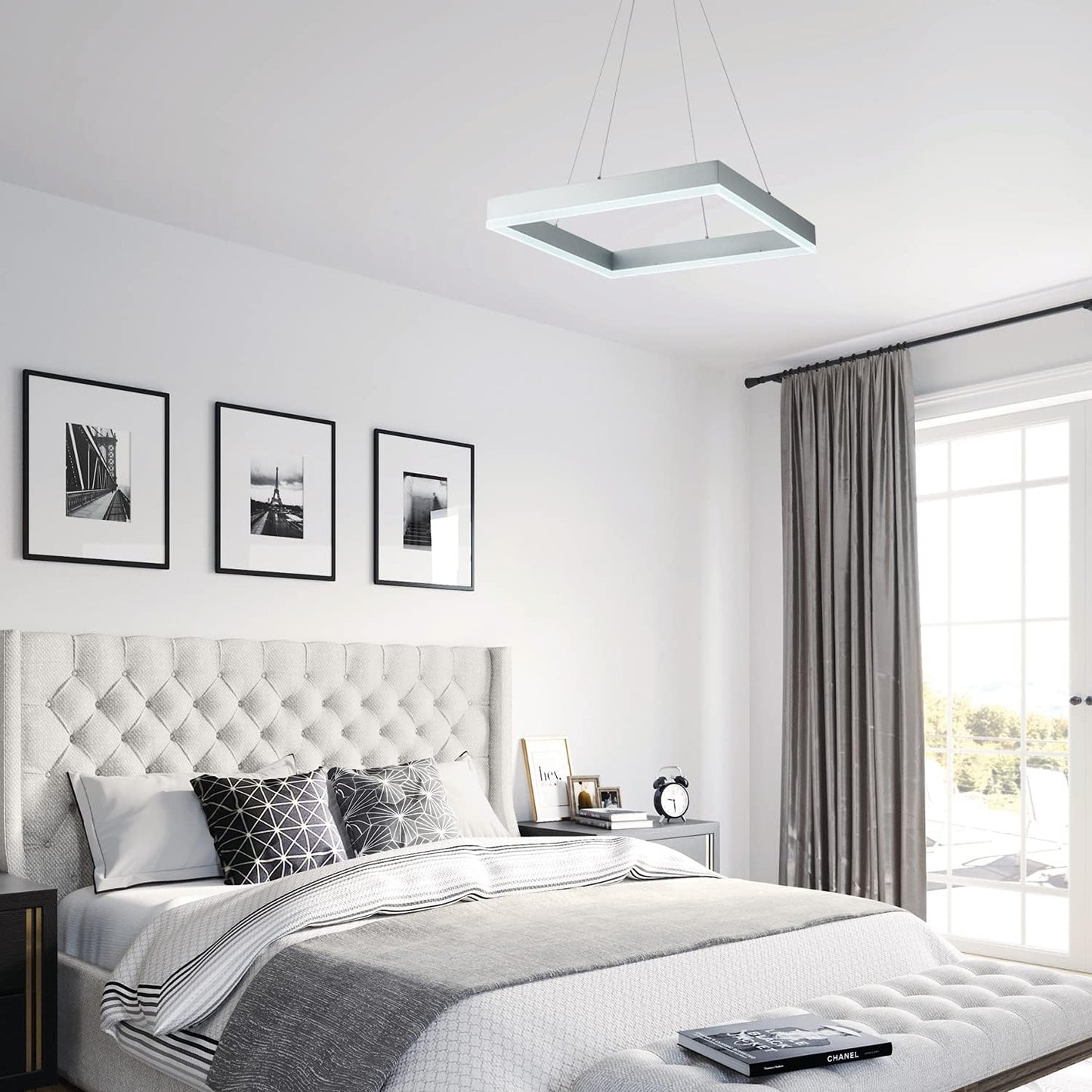 Room Decor Modern Chandelier Square LED Chandelier Dimmable Comtemporary LED Pendant Light Foyer Chandelier for Dining Room Kitchen Office, Cool White 6000K Silver