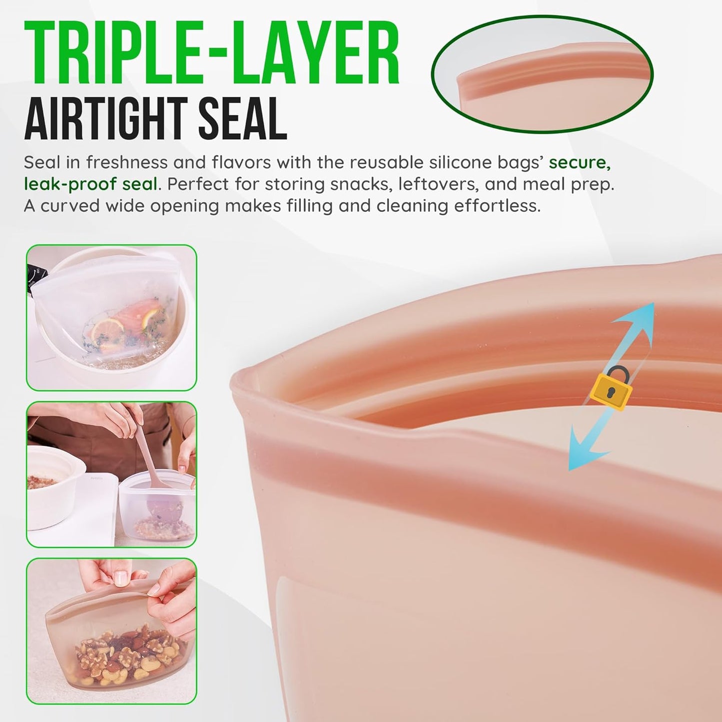 Premium Platinum Silicone Reusable Food Storage Bag 10.6 Cup (84 fl oz), Airtight Zip Lock Bags for Food, BPA-Free Silicone Freezer Bags, Microwave Safe Sous Vide Container, White