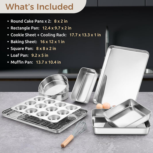 E-far 9-Piece Baking Pan Set, Stainless Steel Bakeware Sets for Sheet Cake Cookie Loaf Muffin, Include Baking Sheet, Round Square Rectangle Baking Pan & Cooling Rack, Dishwasher Safe