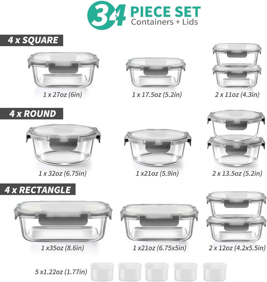34pcs Glass Food Storage Containers with Lids Set, Airtight Glass Meal Prep Containers (17 Containers & 17 Lids), Leak Proof Lunch Container BPA-Free, Microwave, Oven, Freezer, Dishwasher Safe-Grey
