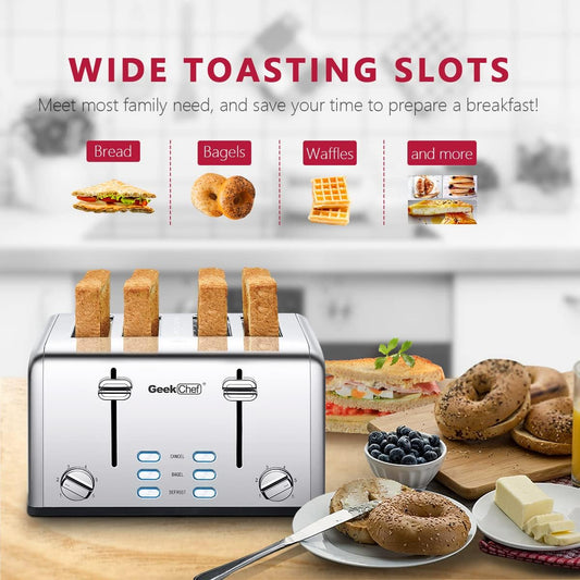 Toaster 4 Slice, Geek Chef Stainless Steel Toaster with Extra Wide Slots,4 Slot Toaster with Bagel/Defrost/Cancel Function, Dual Control Panel of 6 Toasting Bread Shade Settings, Removable Crumb Trays, High Lift Lever, ETL