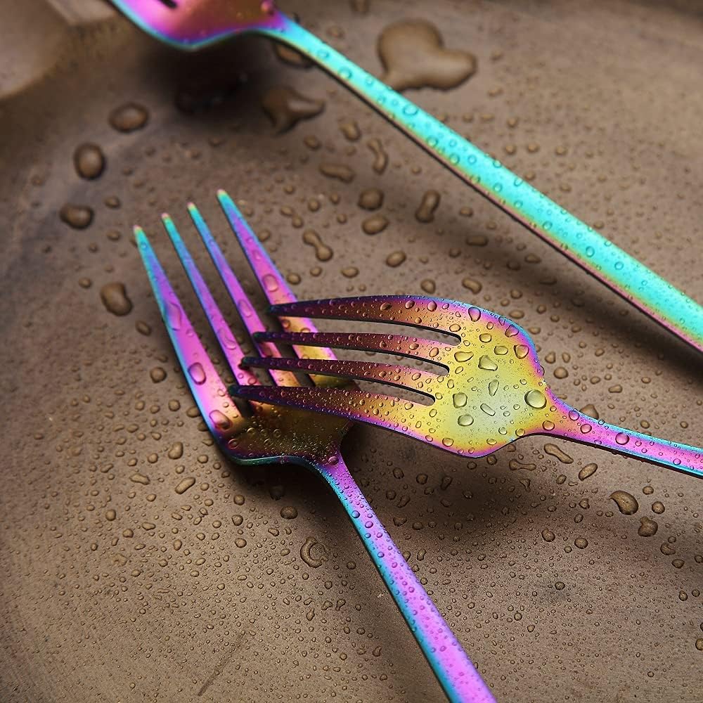 Matt Rainbow 6 Piece Stainless Steel 8.4'' Dinner Forks - Silverware Set, Dessert, Table, Salad Forks - Dishwasher Safe