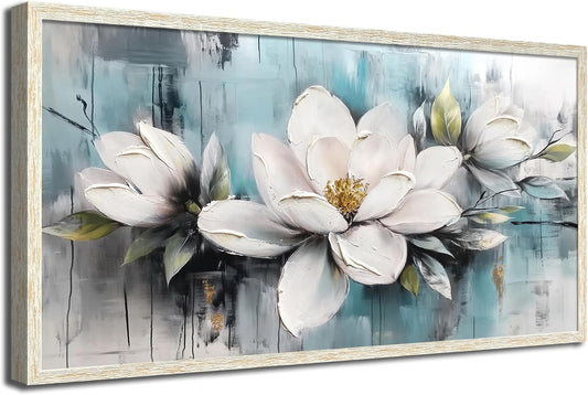 Ardemy Magnolia Wall Art Framed Large Canvas Wall Decor Living Room, White Floral Pictures Wall Decor Teal Paintings FlowerTextured Artwork for Bedroom Dining Room Home Office, 40"x20"