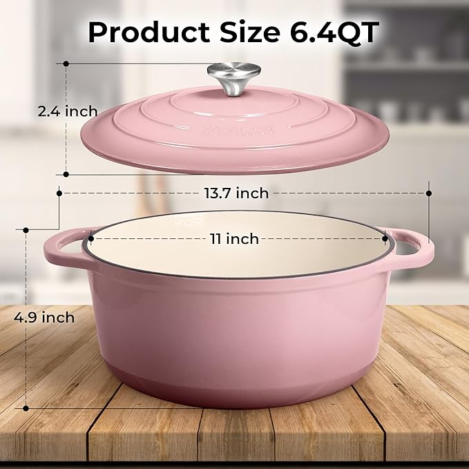 Zulay Kitchen 6 Quart Enameled Cast Iron Dutch Oven Pot with Lid – Premium Durability & Oven Safe up to 500°F – Heavy Duty Cookware Perfect for Bread Baking, Stews, Braising & Roasting – Pink