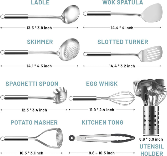 Pleafind Stainless Steel Cooking Utensils Set, 9 Pcs Heat Resistant Kitchen Utensils Set, Nonstick Kitchen Tools Set With Utensil Holder, Metal Spatula Set for Chef, Dishwasher Safe