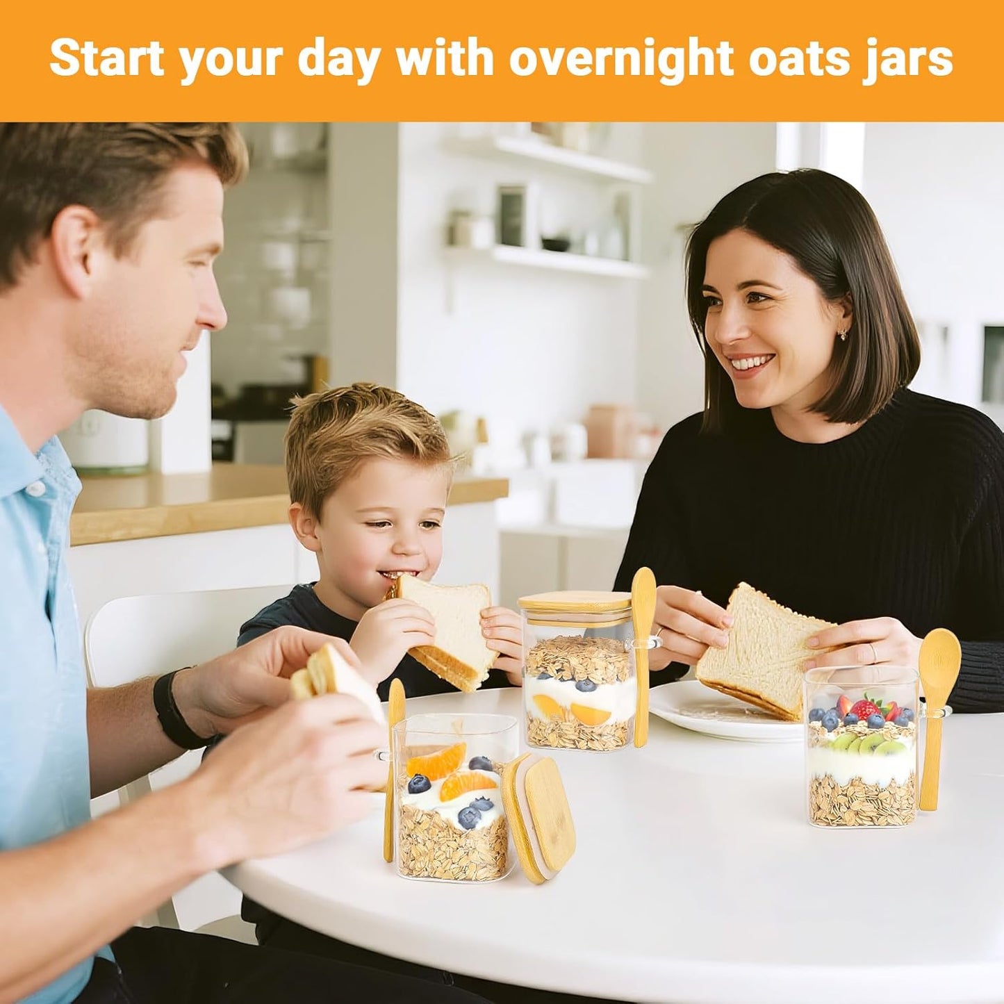 Glass Jars with Bamboo Lids Set of 4, 15 Fl.oz Square Glass Storage Jars with Airtight Lid and Spoon, Stackable Kitchen Food Canister Pantry Container for Spice, Tea, Cookie, Coffee and Sugar