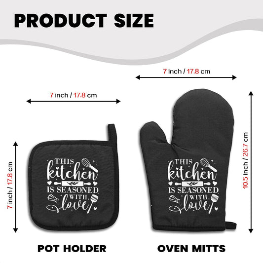 Funny Oven Mitts and Pot Holders Set with Sayings This Kitchen is Seasoned with Love Heat Resistant Mitts Silicone Non-Slip Oven Mitts Sweet Housewarming Gifts for Women Men Hostess Friend