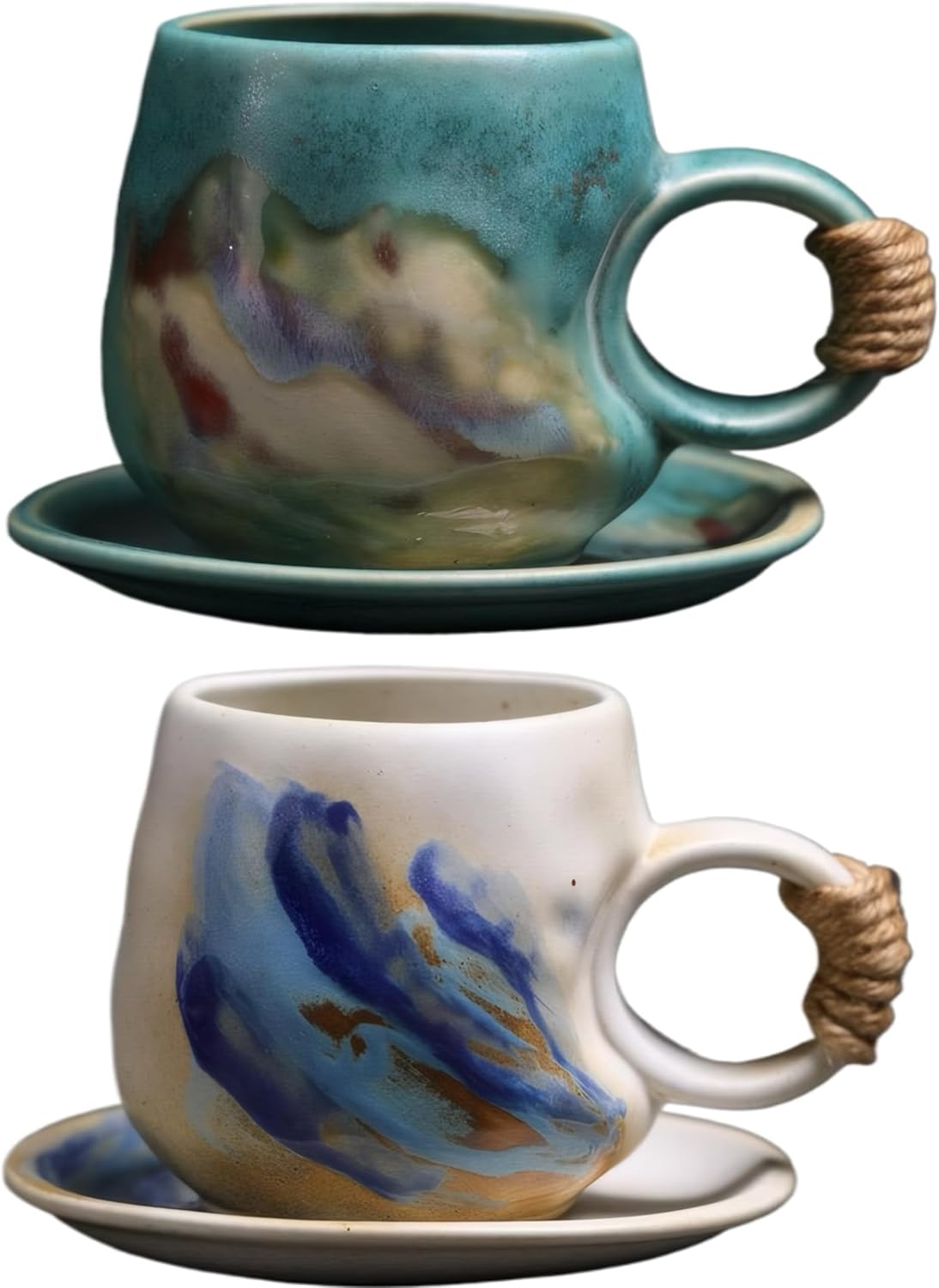 10oz Unique Vintage Retro Japanese Handmade Ceramic Cappuccino Cup with Saucer,Set of 2, Stoneware Coffee Mug, Lead-Free Latte Art Mug (White+Green 2 pcs set)