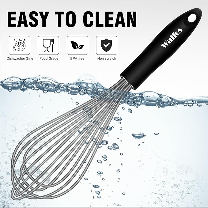 Walfos Whisk, Silicone Whisks Set of 5, Mini Stainless Steel Whisk 7in+5in and Non Scratch Coated 7+9+11in Whisks, Suitable for Blending, Whisking, Beating, Frothing & Stirring. (Grey)