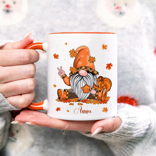 Hyturtle Personalized Fall Gnome Mug - Autumn With Pumpkin Maple Leaf - Custom Name Coffee Cup Ceramic 11oz 15oz - Gifts for Women - Fall Thanksgiving Decor - Birthday