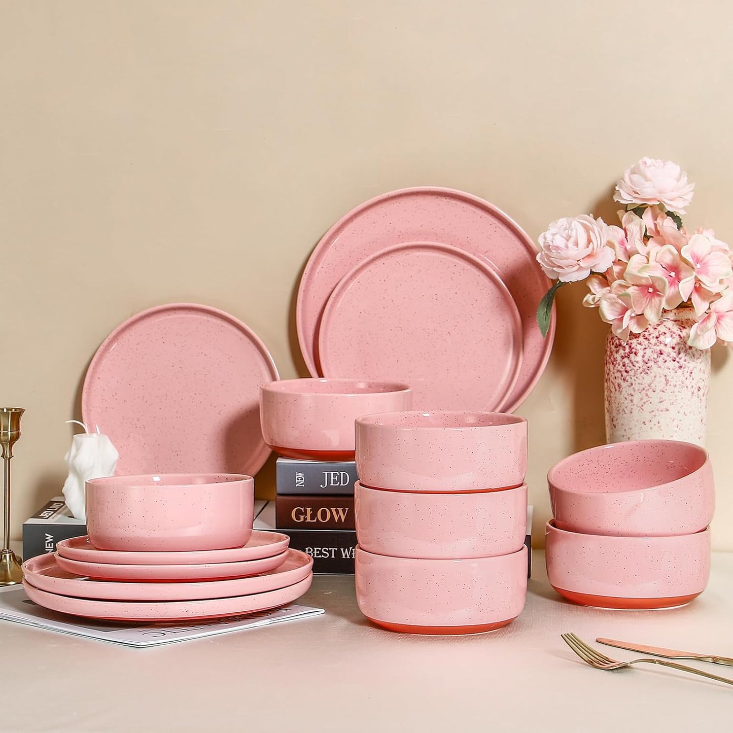 GZG Modern Art Series - 12 Pcs Speckled Stoneware Plates and Bowls Sets, Ceramic Dinnerware Set with Rustic Terracotta Underside, Microwave and Dishwasher Safe Handcrafted Dishes Set - Blush Pink