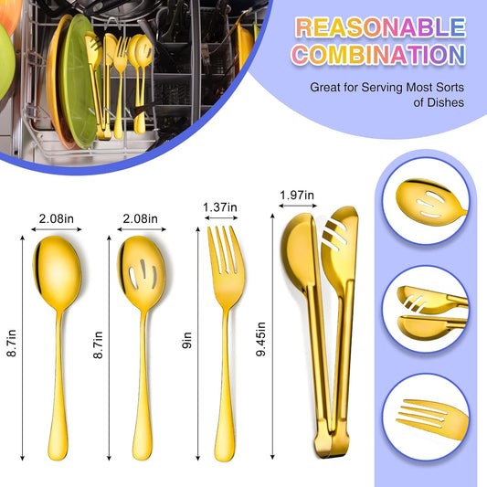 Patelai 15 Pieces Christmas Stainless Steel Gold Serving Utensils Set 8.7" Large Spoons and Slotted Spoon 9.45" Tong 9" Forks Flatware Wedding Party Buffet Banquet Cooking Kitchen Catering