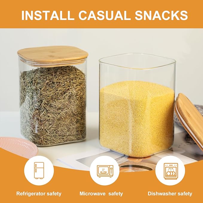 Liuruiyu 2-Pack Square Glass Food Storage Jars, 108oz (3.37 QT) – Airtight Clear Glass Canisters with Bamboo Lids for Kitchen Organization, Tea, Coffee, Flour, Sugar, Candy, Cookies, and Spices