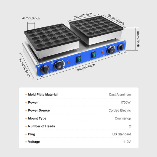 1600W Commercial Double Mini Pancake Maker, 50 Grids Electric Mini Pancake Griddle Non-Stick Stainless Steel Dutch Pancake Maker w/Time & Temper Adjustable, Large Waffle Machine for Restaurant Party
