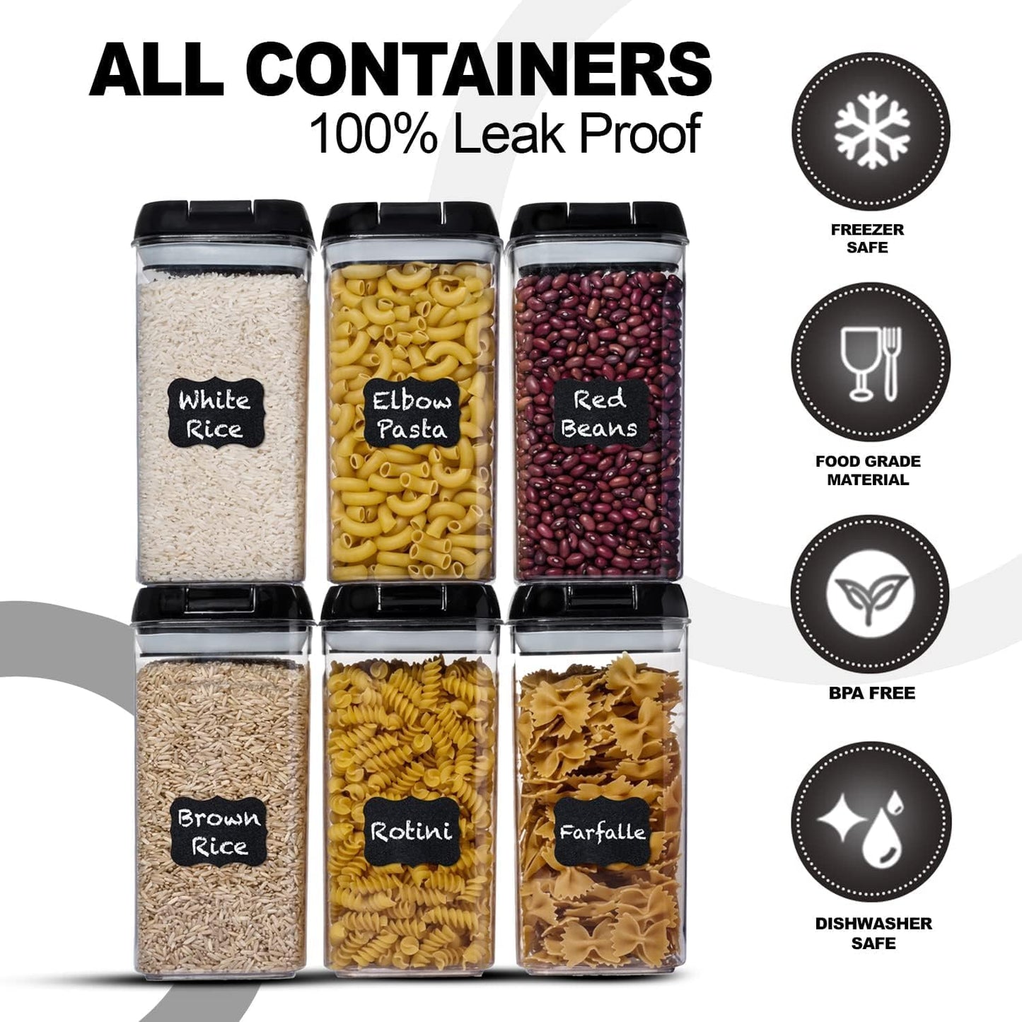 Shazo Airtight Food Storage Containers with Lids - 6 PC BPA Free Clear Plastic Cereal Containers with Easy Lock Lids for Kitchen and Pantry Organization for Snacks and Pasta - 1.2L