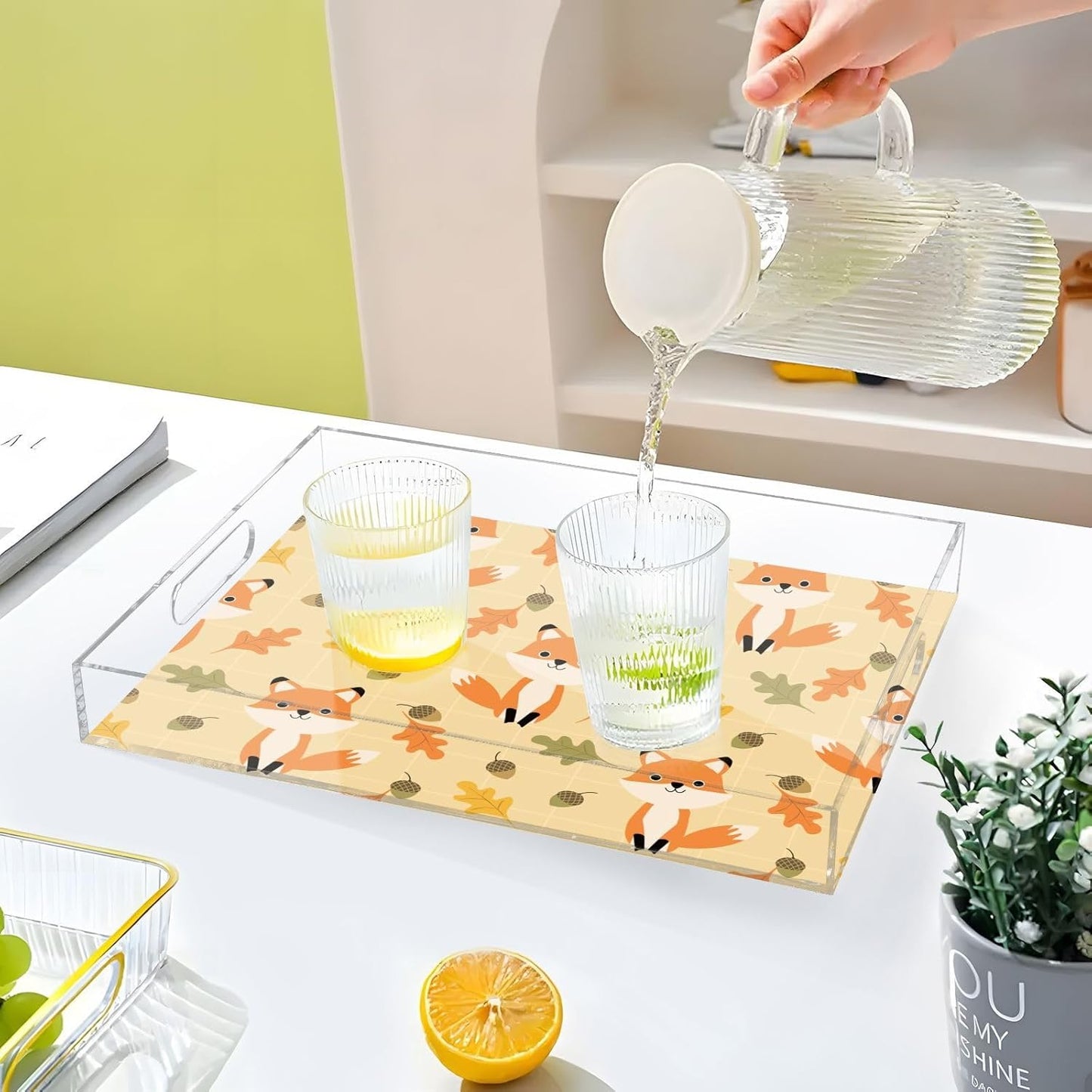 Acrylic Serving Tray with Handles Spill Proof Kitchen Storage Tray Clear Decorative Tray Makeup Drawer Organizer Storage Tray for Bathroom Living Room Ottoman 15.7x11.8Inches