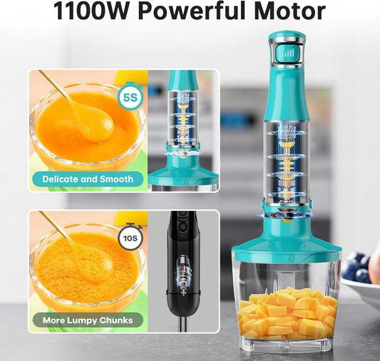 Immersion Blender Handheld Corded Hand Blenders Set 1100W, Trigger Variable Speed 5 in 1 Stick Emulsifier with Chopper, Whisk and Frother for Soup, Baby Food and Smoothies, Cyan Blue